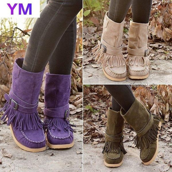 

winter women's boots tassel buckle women flat boots mid-calf warm women snow square toe botas mujer 2020 new fashion, Black
