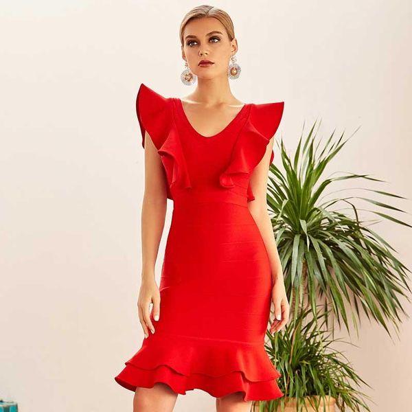 

casual dresses summer wholesale women red ruffle v-neck club mermaid celebrity cocktail party bandage dress, Black;gray