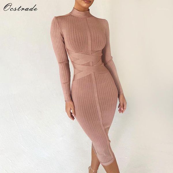 

ocstrade bodycon dress 2019 nude turtleneck rayon long sleeve bandage dress ribbed womens midi bandage sexy1, Black;gray