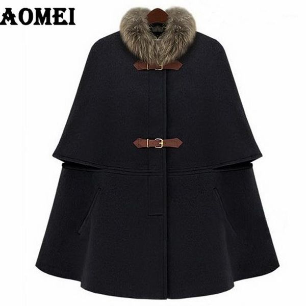 

winter fashion wool feminine coat loose clock removeble fur collar wear to work office lady outwear clothing fall overcoat cape1, Black
