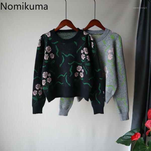 

women's sweaters nomikuma vintage rose women sweater causal long sleeve o-neck pull femme 2021 autumn winter korean short knitted pullo, White;black