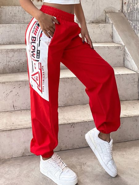 

meysi kim color block slogan graphic tapered pants i1fw#, Black;white