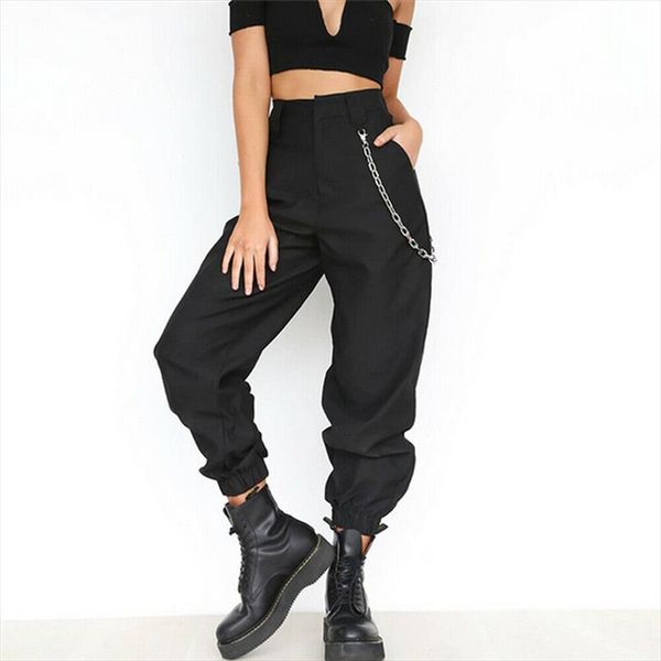 

khaki black women casual high waist cargo pants ladies loose fashion solid trousers side pockets elastic waist capris sale, Black;white