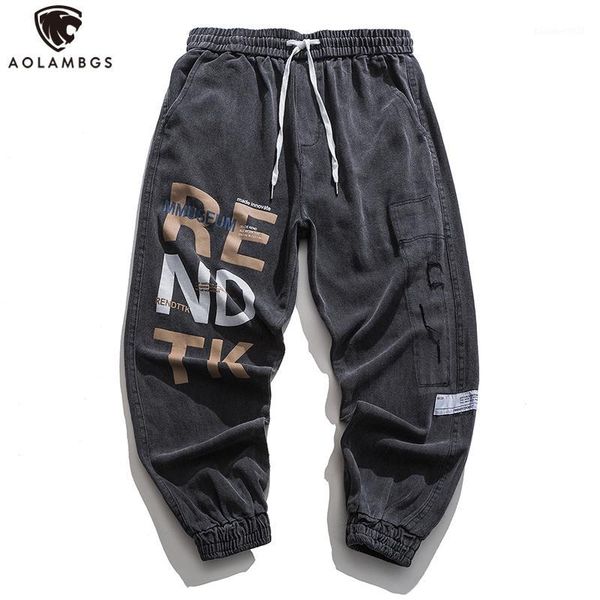 

men's jeans aolamegs men hit color letter printed streetwear drawstring casual cotton cozy denim pants autumn hip hop fashion trousers1, Blue