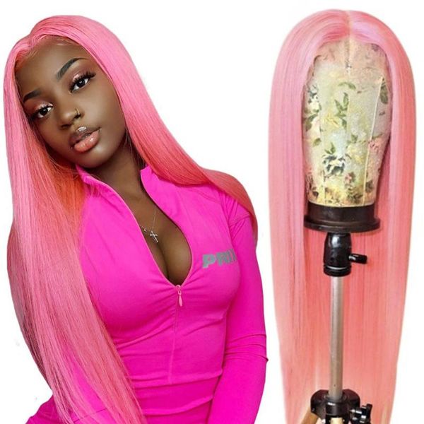 

розовый цвет прямые парики человеческих волос прозрачное кружево бразильский девы волос 180 плотность фронта шнурка человеческие парики коро, Black;brown