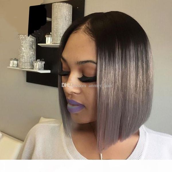 

полный шнурок человеческих волос боб парик ombre two tone t1b серый прямой бразильский волос девственницы 130 плотность отбеленные узлы фрон, Black;brown