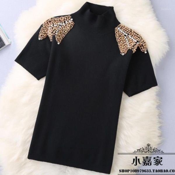 

spring new turtleneck cashmere sweater knitwear women beaded diamond sequined epaulette short short sleeve pullovrts 1, White;black