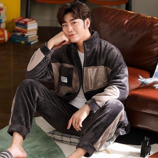 

men's sleepwear autumn and winter pajamas coral velvet thickened plus loose large size suit warm flannel can be worn outside letter, Black;brown