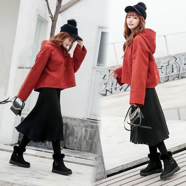 

real fur snow boots 2021 new winter short tube 3cm inner height increase wild plus velvet warm frosted short boots women, Black