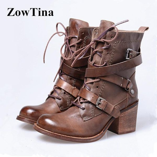 

genuine leather women winter boots 7cm chunky high heels botas feminina strap botas mujer lace up boots shoes woman1, Black