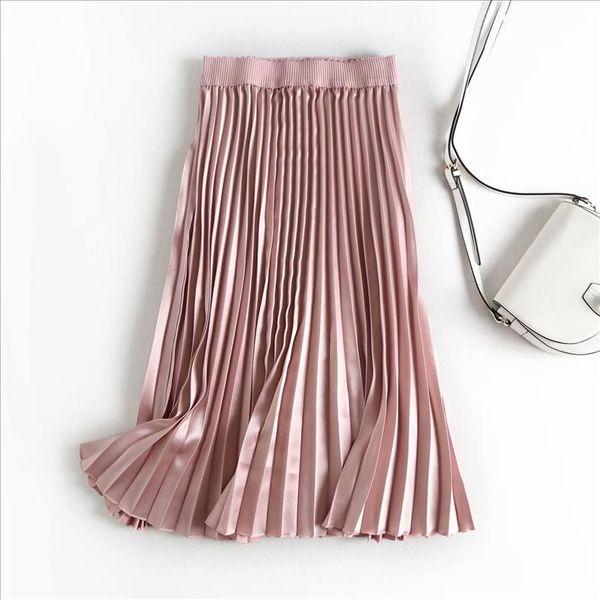 

2020 spring pink satin skirts womens black midi pleated skirts ladies elegant party clothes streetwear drop shipping