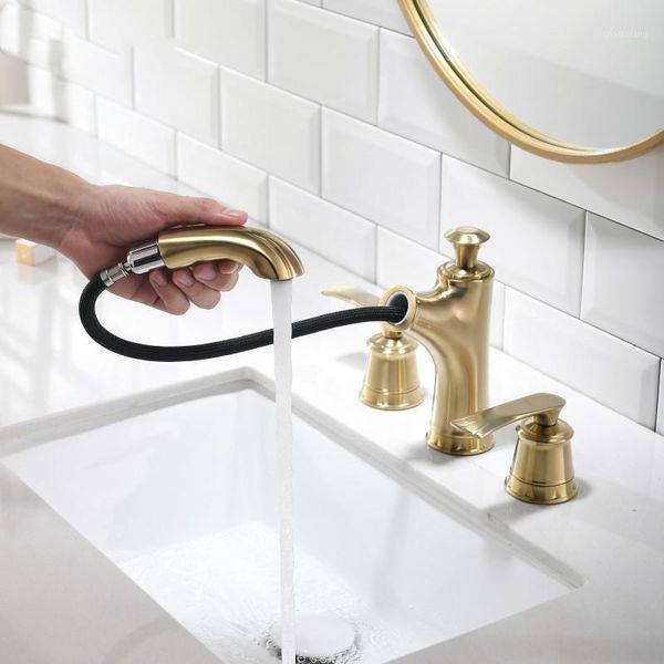 

brushed gold bathroom sink faucet western pull-out faucet scalable basin mixer tap 3-hole 2-handle1