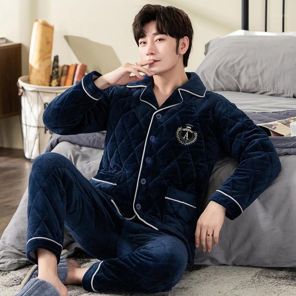 

mimi winter new cotton pajamas men's flannel plush blue middle aged men's three layer thickened coral velvet suit for men1, Black;brown
