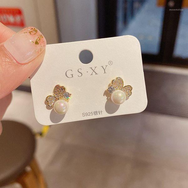 

exquisite simulated pearl stud earrings for women gold color micro paved cubic zirconia earrings jewelry1, Golden;silver