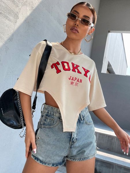 

japanese letter graphic asymmetrical hem drop shoulder crop tee a1yx#, White