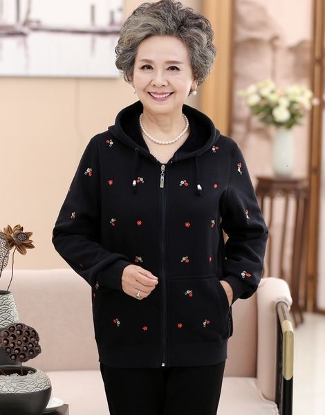 

2021 new middle-aged and elderly women's new spring printing plus velvet jacket outwear mother with hood xl 4xl sports clothes 7h4m a, Black;brown