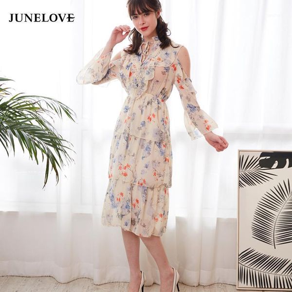

junelove 2020 spring print chiffon dress women cold shoulder dress casual floral lace up hollow out vestidos1, Black;gray