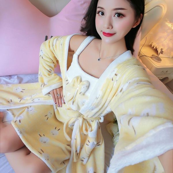 

women's sleepwear 2pcs robe set women flannel warm nightwear thick homewear nightgown yellow coral fleece kimono gown sleep, Black;red