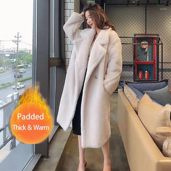 

junelove women winter faux fur warm long coat vintage long sleeve female thick teddy bear coat casual loose oversize outwears1, Black