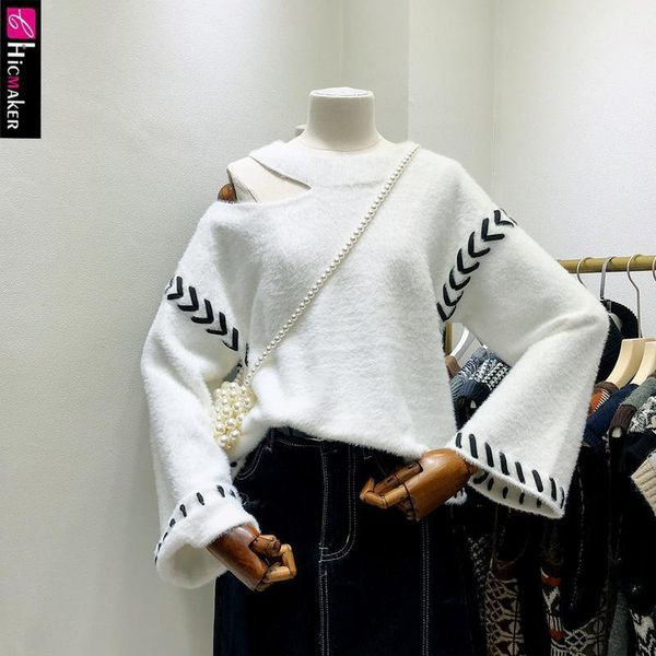 

women o-neck languid lazy brief knitted pullover sweater1, White;black