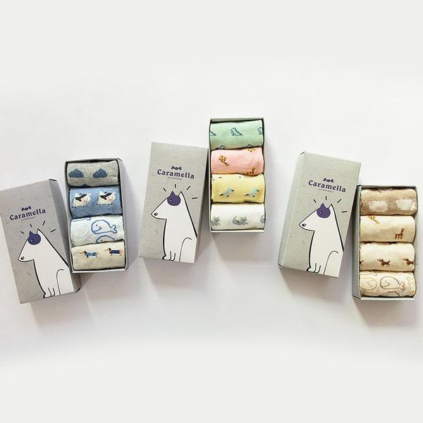 

4pcs 22cm caramella cotton women spring autumn animals painting kawaii crew boat socks cute harajuku tide casual, Black;white