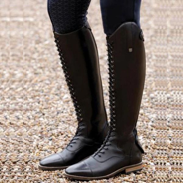 

women knee high boots lace up low heels platform ladies riding long boots autumn winter cross strappy western female shoes1, Black