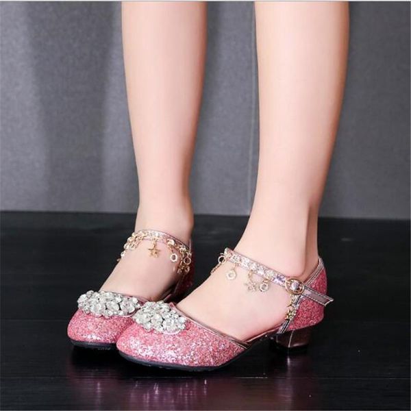 

новые девушки кристалл обувь танец rhinestone принцесса высоких каблуках silver pink performance student платье обувь детская кожаные ботинк, Black