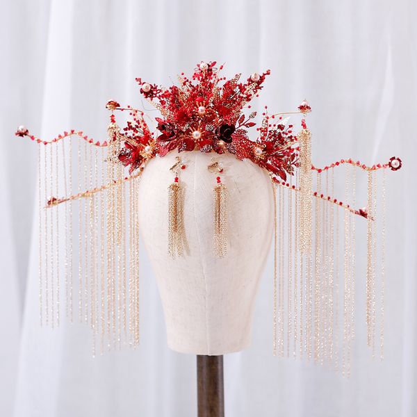 

bride wedding headdress atmosphere red hair ornament luxury phoenix crown tassel toast dress show wo suit accessories, Silver