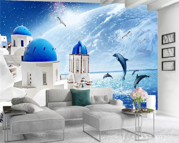 

romantic landscape 3d wallpaper european-style white palace seascape indoor tv background wall decoration mural wallpaper