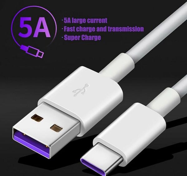 

5a usb type c cable for samsung s20 s9 s8 xiaomi huawei p30 pro fast charge mobile phone charging wire white cable
