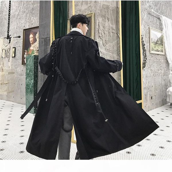 

2019 new irregular drawstring long trench coat men spring autumn casual loose coat mens lace up patchwork trench ds50765, Tan;black
