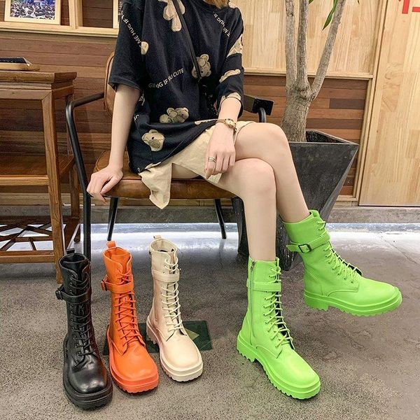 

women combat boots 2020 autumn female gothic shoes high platform boots fashion women beige black orange leather mid calf