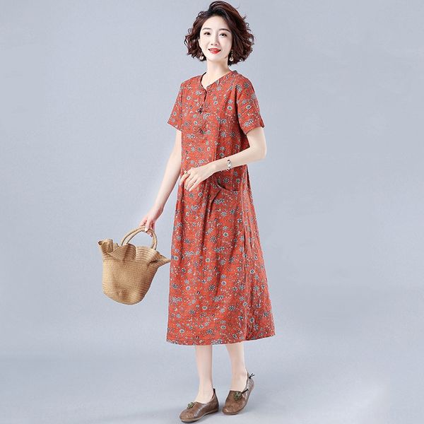 

2020 new cotton hemp printed dress national style women's long leisure dress dressnational dressliterature knee length linen skirt icuk, Black;gray
