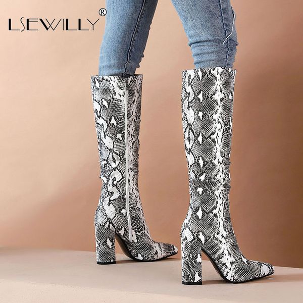 

lsewilly winter snake pattern остроконечные toe колено высокие сапоги женские смешанные цвета площади толстые каблуки плиссе zipper женщины, Black