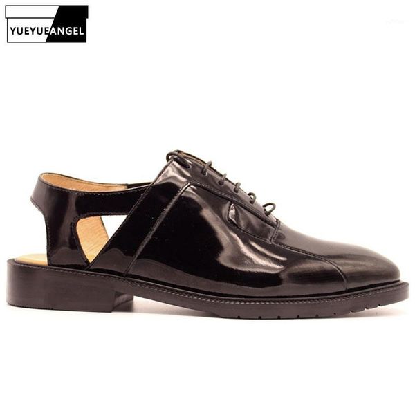 

2020 new runway ankle strap mens genuine leather oxford shoes lace up summer wedding party ankle strap male office work sandals1, Black