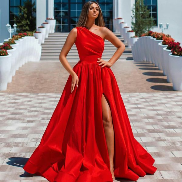 

red one shoulder evening dresses satin side split prom dress backless robes de soirÃ©e formal party gowns, Black;red