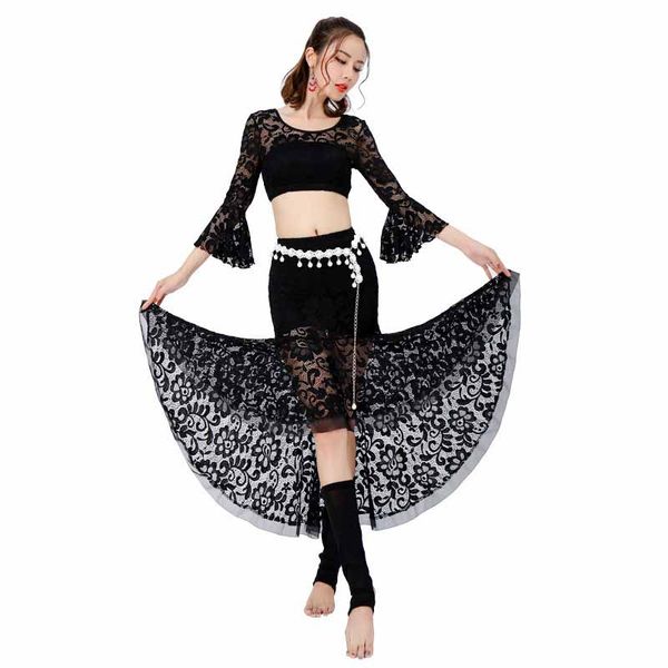 

new arrival fairy 2pcs women oriental dance costume performance belly dance team lace latin dance practice clothes may1032, Black;red