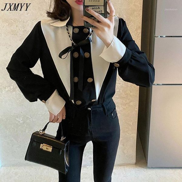 

jxmyy fashionable new hong kong flavor contrast color versatile design long-sleeved shirt with bow t:12201, White