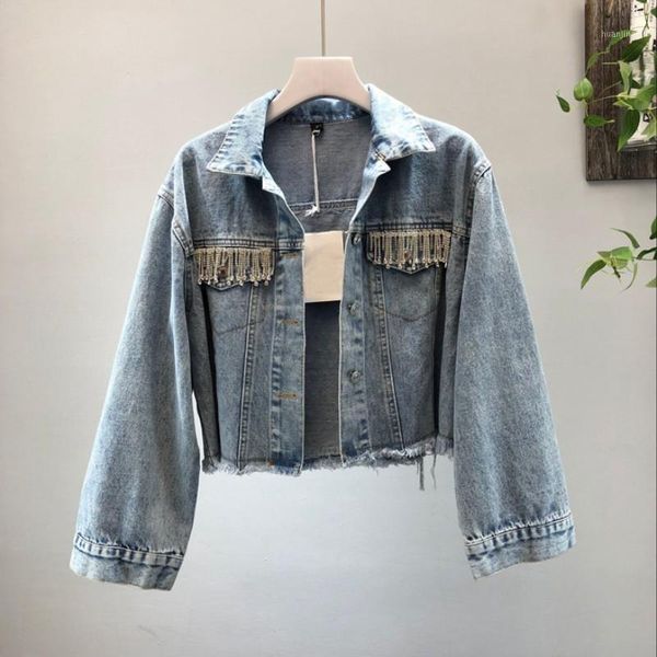 

harajuku slim diamonds tassel chains jeans jacket women lapel single breasted denim jacket ladies female clothes1, Black;brown