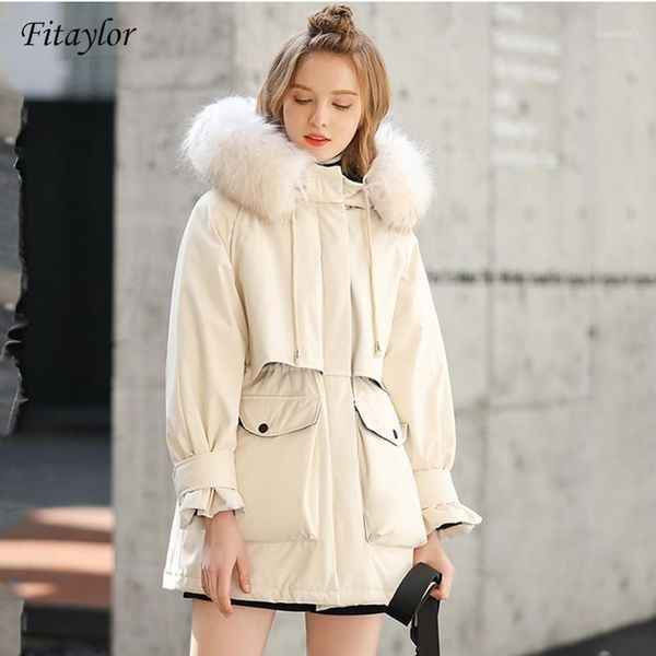

fitaylor winter jacket women 90% white duck down hooded parkas large faux fur collar warm coat snow outwear1, Black