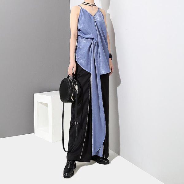 

chens sister] summer 2018 black blue loose deep v-neck sleeveless strap with sashes irregular blue t shirt female1, White