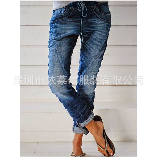 

straight elastic waist women's jeans in autumn 2020, Blue