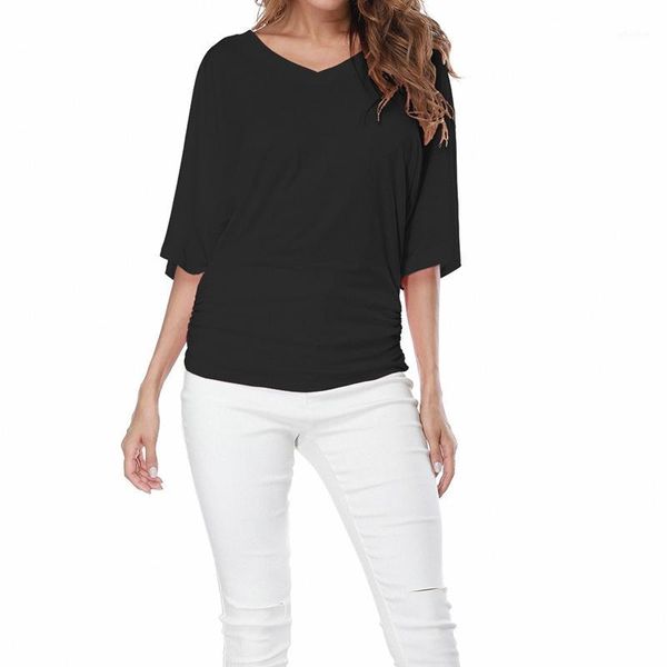 

summer women's loose bat sleeve v-neck short sleeve t-shirt, White