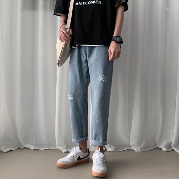 

summer jeans men streetwear 2020 loose mens ripped jeans ankle length all match casual wide leg for men black/blue 3xl-s1