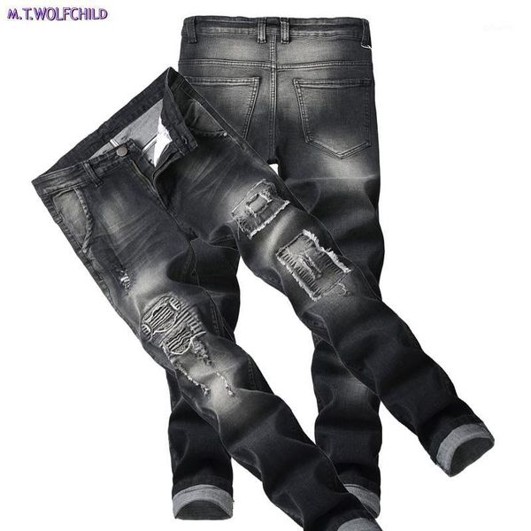 

fashion 2018 male jeans mens distressed hole patchwork denim pants casual straight slim elasticity locomotive pants 28-421, Blue