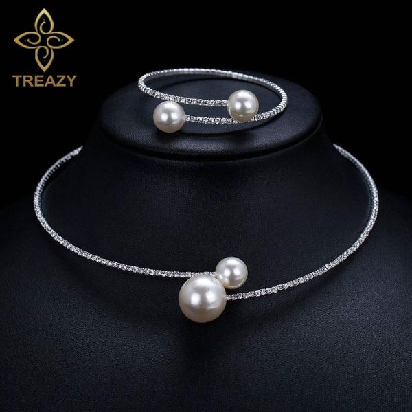 

treazy fashion simulated pearl balls bridal jewelry sets elegant crystal choker necklace bracelet wedding jewelry sets for women, Silver