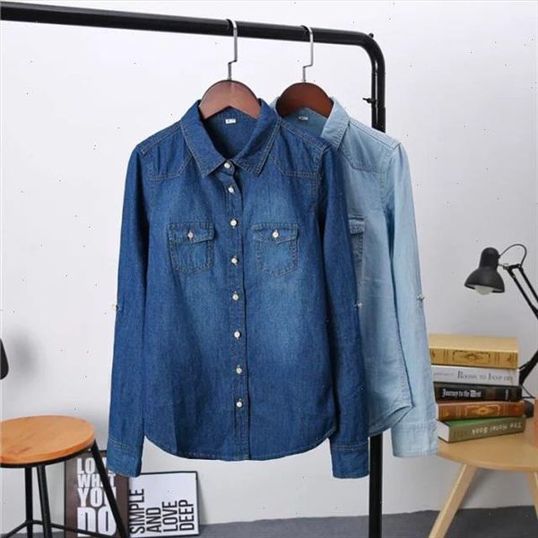 

plus size womens clothing 2021 spring long sleeves blouse quality denim shirt vintage casual blue jeans shirt camisa femininas, White