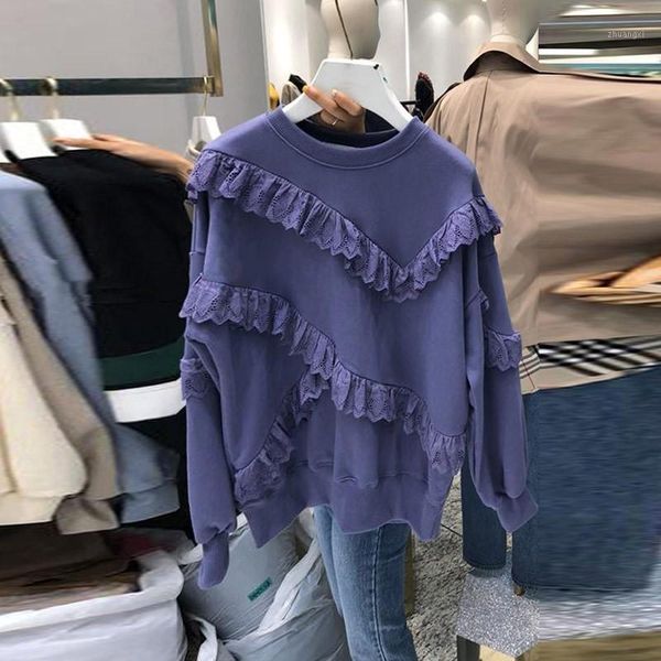 

autumn fashion women's o neck long sleeves hollow out lace ruffles casual sweatershirt ladies pullover hoodies a44651, Black