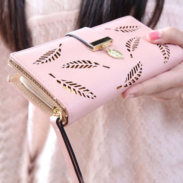 

fashion womens wallets hollow leaves women wallet hasp purses long section clutch wallet soft pu leather id holder money bag, Red;black