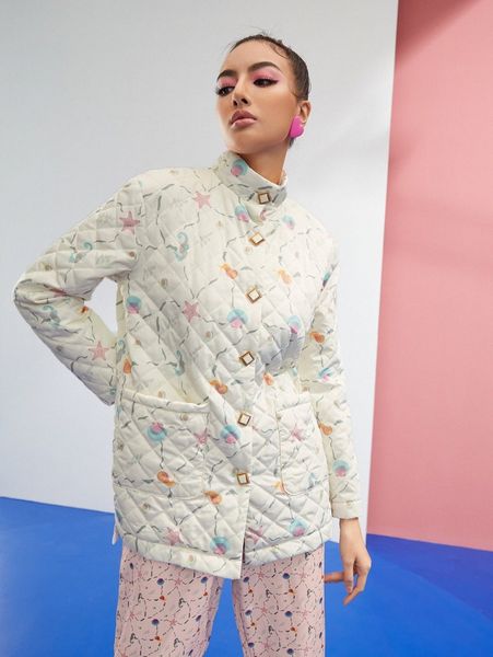 

x tariqual scallop & starfish print dual pocket quilted coat w2fv#, Black